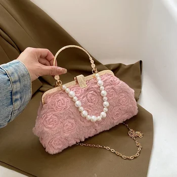Супер Мек плюшен чанта с перлената на веригата, романтична чанта през рамо с изображение на рози, луксозна дизайнерска тенденция однотонная женствена чанта