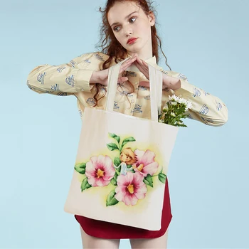 Чанта-тоут с акварельным модел на цвете момичета, ежедневни чанти-купувач с принтом елфите от приказен свят, двустранен холщовая чанта за пазаруване за жени