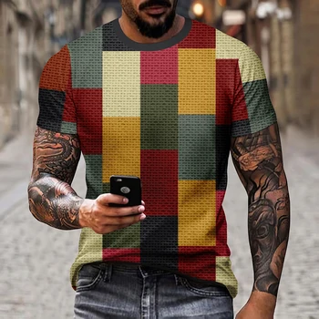Мъжка тениска в клетка с 3D модел, Летен случайни пуловер, мъжки модерен топ с безплатен ръкав