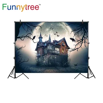 Забавен фон от дърво за фото студио Хелоуин стария замък на голяма луна страхотна врана прилеп фон за снимки на растения photobooth
