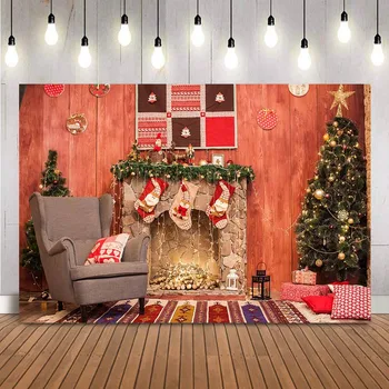 Селски дървен камина фон за снимки Коледно дърво, разтегателен червен аксесоари за декорация на коледното парти фотоколл