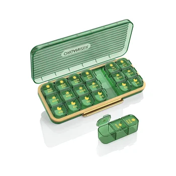 Органайзер за таблетки, кутия за таблетки 7 дни 3 пъти на ден - Седмичен органайзер за витамин кутии с 7 отделни контейнери, зелен