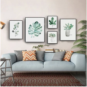 Стенен арт принт, живопис върху платно, картина за декорация на дома, хол, Минималистичная, акварел ваза, плакат със зелено растение