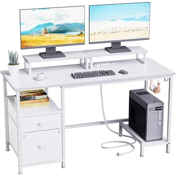 Furologee Бял Компютърна маса с някои контакти, ключове, офис бюро 47 инча, 2 поставки за монитор, текстилен метален шкаф гардероб, 2 куки, домашен офис