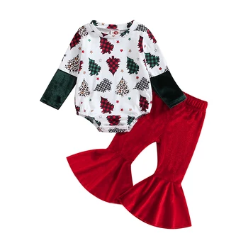 Коледна дрехи за малките момичета, гащеризон с дълги ръкави и принтом елхи, разкроена панталони, 2 броя коледно облекло