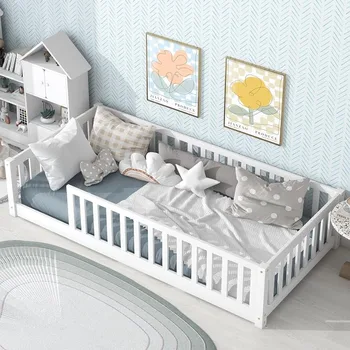 Рамка детска двойно легло с предпазен парапет и дървена релса, подходящи за деца, детски подови легло