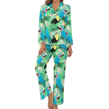 Пижама с тропически птици, дамски романтична пижама с принтом зелени листа, Пролетни пижамные комплекти от две части с V-образно деколте за спални по поръчка
