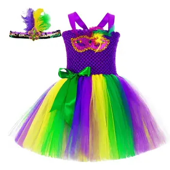 Необичаен костюм за момичета, детски рокля-пакетче Mardi Gras с превръзка на главата, детски дрехи Mardi Gras, подаръци за партита