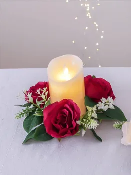 Пролетно-летен венец от изкуствени рози със свещи от 1 бр. за украса на сватбената домашно парти