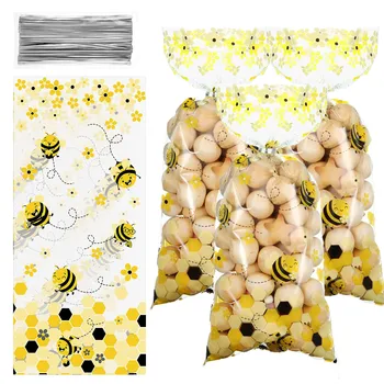 100шт Мешочков за пчелните бонбони, прозрачни пластмасови опаковки за сладкиши, мед, детски аксесоари за рожден Ден, подаръци за партита Bee Happy, бижута