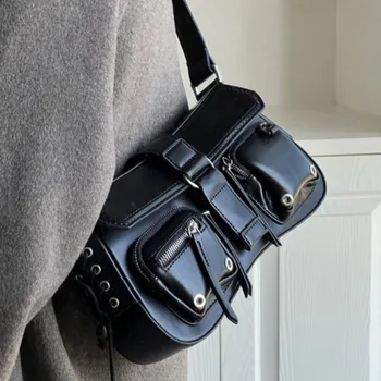 Черни дамски чанти Y2k, дамски чанти през рамо, ниша багетные чанти за мотобайкеров, ежедневни дамски чанти през рамо, универсални чанти за ръце