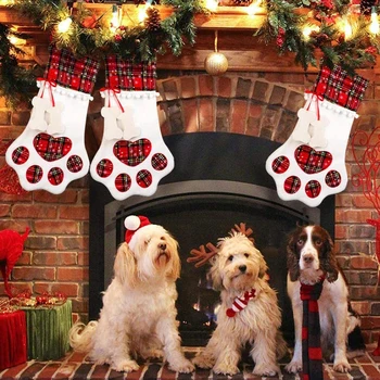 10шт 46x28 см Голяма домашен Любимец Коледни Чорапи С Лапи Червено Синьо Карирани Отглеждане на Коледна Елха Украса за Кучета, Котки Детски Бонбони Подарък Пакет