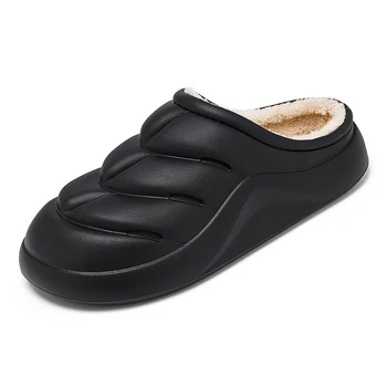 Мъжки плюшени чехли, черна и модерна зимна домашна обувки, Дамски памучен обувки, непромокаеми топли Удобни чехли за двойки