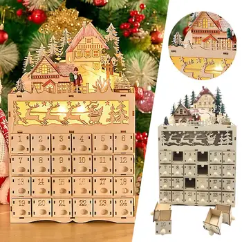 Дървени коледни украси, led светлини, Обратно броене 24 дни, Коледни орнаменти ръчно изработени подаръци за украса, от дървен календар Съ C1O3