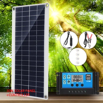 Комплект слънчеви панели с мощност 30 W, контролер, Преносима USB-генераторная система, зарядно устройство за електрическа енергия 12V 24V, Туризъм дъска 10/20/30A