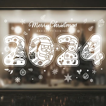 1БР 2024 Коледна Коледна стикер на стъклена стена, Весела Коледа, Статична стикер във формата на Бели Снежинки, Дядо Коледа, Лосове, Снежен човек, Стикер на прозореца