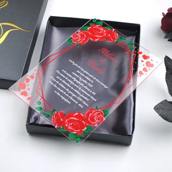 Сватбени картички-покани с червена роза в черна кутия Сватбена услуга Покани картички за гостите на сватбата на 10 комплекта