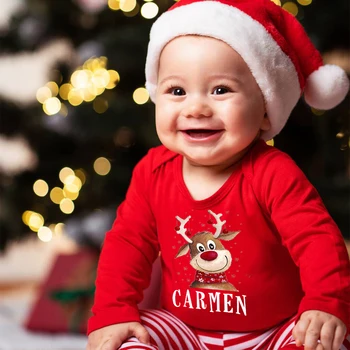 Персонални Детско боди Елен с името на Детско Коледно парти Червени памучни облекла, Комбинезони за новородени Коледно облекло за деца Подаръци