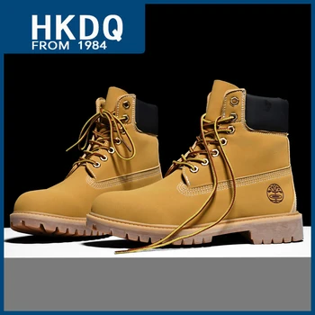 Зимните флуоресцентни мъжки кожени обувки HKDQ, класически жълти обувки на платформа с шнур, висококачествени мъжки обувки с висок берцем за жени