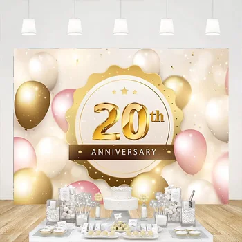фон за снимки в чест на 20-годишнината, розово-златни балони, банер за парти с 20-годишнината от сватбата