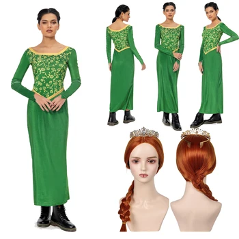 Рокля Принцеса Фиона за cosplay, женски перука, Зелено Дълга рокля с квадратна яка, ролева игра за Хелоуин, за дами и за деца