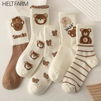 Памучни чорапи в японски стил харадзюку с анимационни мечка, чорапи със средна дължина, с принтом Kawai за момичета, модни дамски чорапи за скейтборд