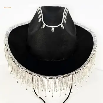 Дамски ковбойская шапка с широка периферия, украсена с висулки, фетровая шапка за фотосесии