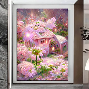 Нова диамантена картина 5D САМ Dream Природа Мозайка от планински кристал Розова маргаритка Цветна градина Диамантена бродерия на кръстат бод V242
