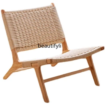 Единична диван-стол от Скандинавския масивно Дърво, изтъкан от пеньковой въжета, Просто Модерно кресло за отдих с облегалка в Ретро стил за хол
