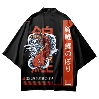 Традиционната азиатска облекло Харадзюку, японски жилетка, Така кимоно с принтом Koi, Черна плажна Юката, Женски, мъжки панталони Хаори за cosplay.