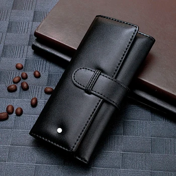 Луксозен черен кожен калъф MB за писалки, държач за единични и двойни дръжки, Висококачествени офис-канцеларски материали, ученически принадлежности, чанта за моливи подарък