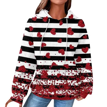 Блуза с Елегантен Всекидневни женски пуловер Зима 2024, блузи с дълъг ръкав, дамски свитшоты с принтом Деня на Свети Валентин, Ретро Moletom