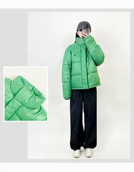 Жена ежедневното зелено топло клетчатое палто 2023, Зимни однотонная яке с яка-ботуш с цип и дълъг ръкав за хляб