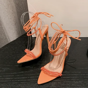 Liyke 2024 нов оранжев низ от мъниста жени секси 11,5 см модни сандали каишка на глезена високи токчета летни рокли, обувки, помпи за