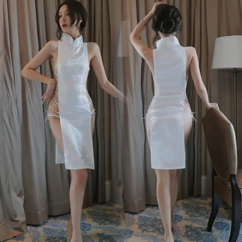 Бяла секси пижама, халат Чонсам, униформи, на Изкушението, на китайската традиционна женска пола Ципао с отрязани в ретро стил, Екзотични костюми