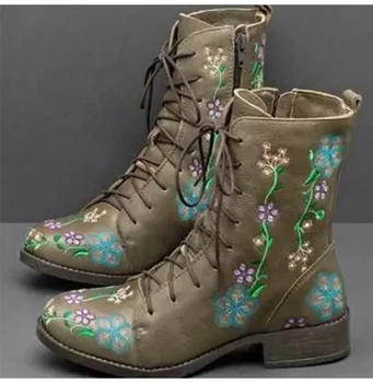 Етнически ботильоны С бродерии и цветя модел, женски полусапожки 2024, Есен-зима, Кожена дамски обувки в стил ретро дантела, Дамски обувки