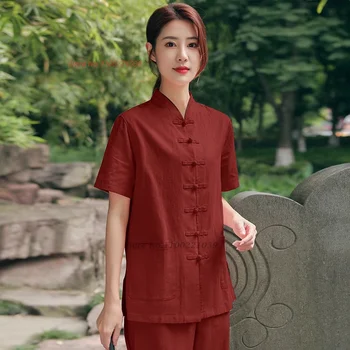 2024 костюм за китайската будистка медитация, дзен, национален чай hanfu, памучен бельо блуза + панталони, комплект за източна тай-чи йога