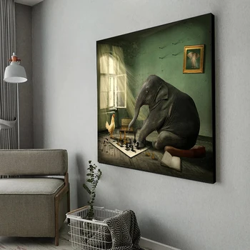 Плакати с абстрактно животни Картини върху платно със слонове и шах, стенни рисунки за всекидневна, домашна стена на Cuadros