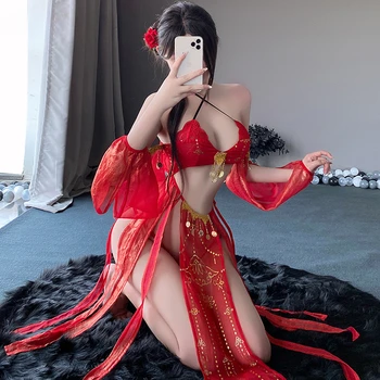 Рокля в китайски сексуалното стил, бельо за cosplay, екзотичен и чувствен танц костюм, лейси червена еротика традиционна пола Hanfu