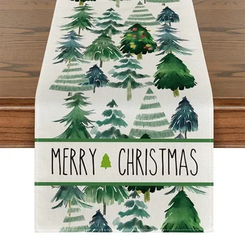 Акварельное Зелено дърво, Весел Коледен маса, флаг, Коледен празник, украса на кухненския плот за домашно парти, празнична украса