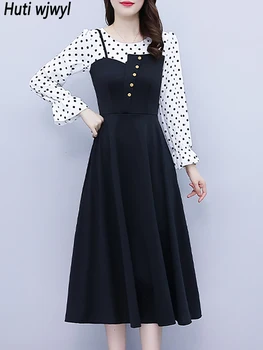 2023 Черна рокля Миди в бяло грах в стил мозайка, Жена на Корейското Елегантна дебнещ парти, Есенно-Зимния Красива Вечерна рокля за абитуриентски бал