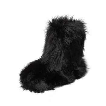 Черно-кафявата кожа на лисица Мода за момичета Цветен блок Пухкави зимни обувки Комфорт при ходене Нескользящий пухкави обувки с кръгло бомбе
