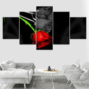 Стенни живопис върху платно от 5 части Цветове от Червени рози за хола Начало декор на Модулен плакат на Стенни пана