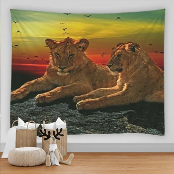Гоблен с лъв, Тигър, Слон, домашни любимци, стенен интериор в стил Бохо, Уютна спалня, килим, диван, одеало