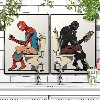 Смешни плакати и щампи на Marvel, живопис върху платно, спайдърмен и черна пантера в банята, плакат за баня, домашен декор