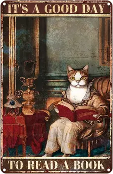 Метална лидице табела, ретро плакат с цитат смешно котка, един добър ден за четене на книги, дъска за домашно кафе-бар, стенен декор, изкуство 8 X 12 см