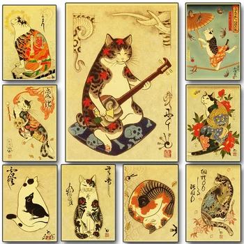 Горещ Японски Самурайски Котка Ramen, Плакат с носталгия, Стикери за стена, Декори, Художествена Домашна живопис, Плакат с животни, Декор, Карикатура високо качество