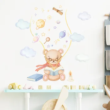 Стикер за стена с изображение на мультяшного мечка за четене за деца, момичета, момчета, украса за детска стая, кабинет, Подвижни винил и стенни стикери със собствените си ръце