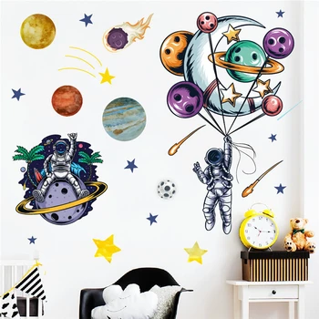 Забавен Астронавт с планетата Луна, балон, стикер на стената за декорация на дома, Космическа стенопис, направи си сам, стикери за детска спални, плакат на PVC