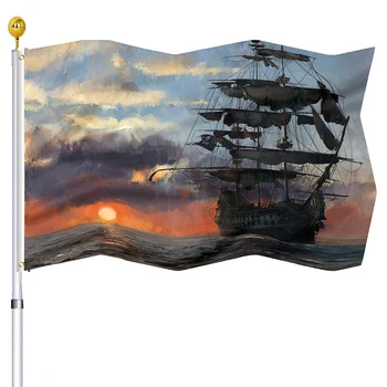 Морски флаг Пиратски кораб В морето Круизен декор за дома, хол, спалня, Градинска картина с маслени бои, знамена с 2 медни люверсами